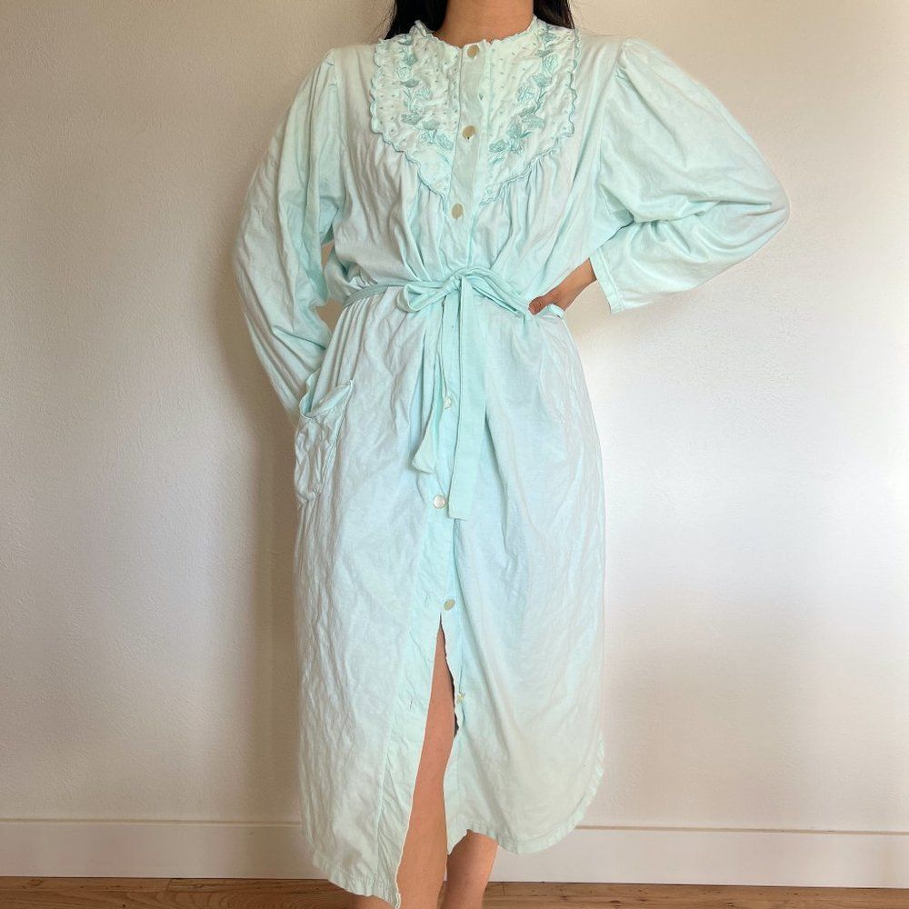 Vintage 1970s soft knit green long sleeve robe embroidered yoke detail medium - Picture 5 of 10